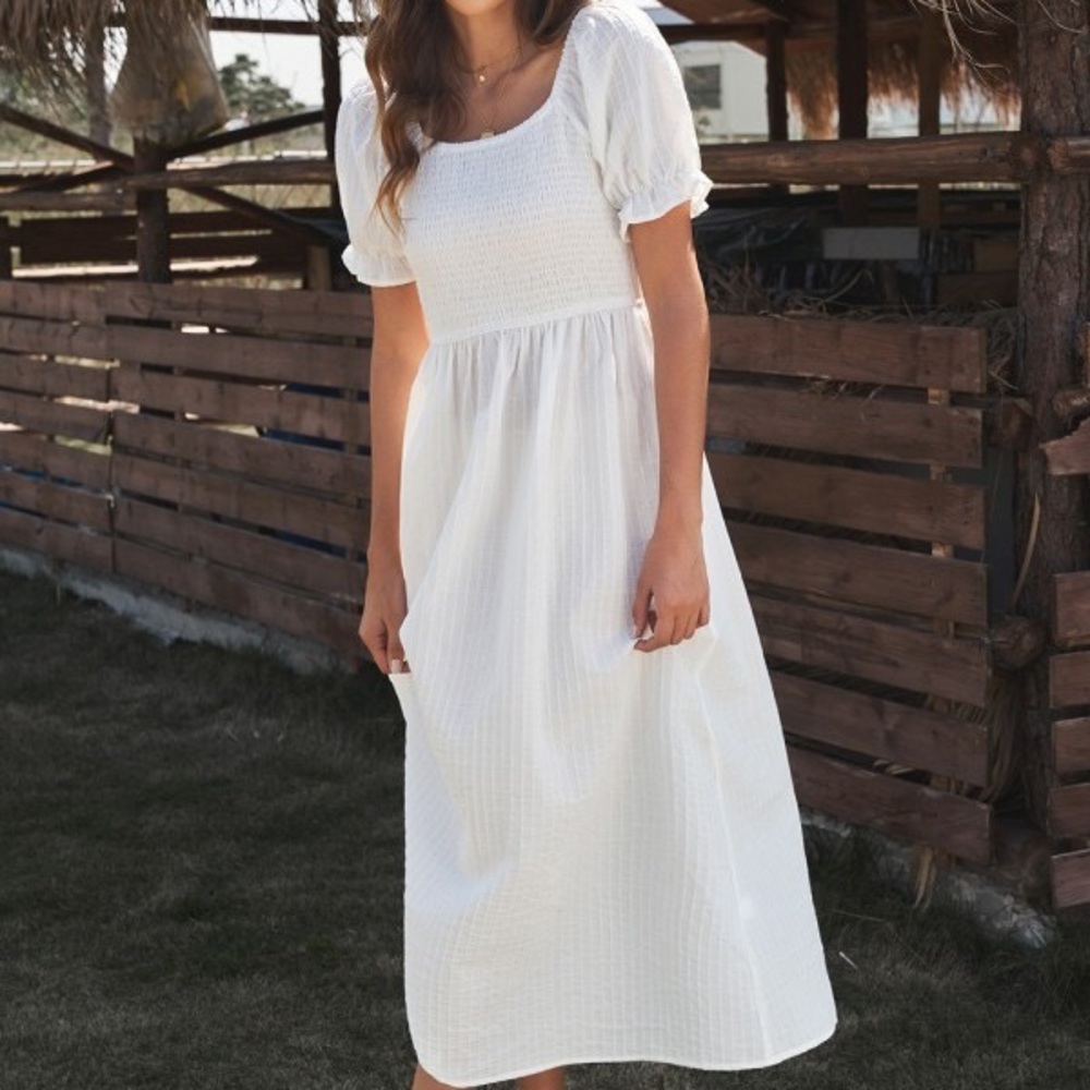 White Short Puff Sleeve Square Neck Shirring Maxi Dress
